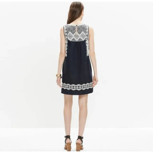 Madewell Embroidered Stitchtake Linen Sleeveless Keyhole Mini Dress Navy Blue S - Picture 2 of 12